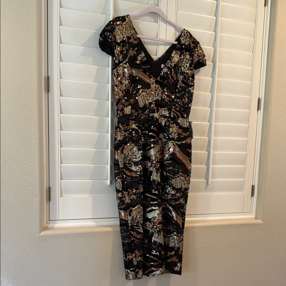 Dress the Population Black Sequin Midi Dress with Gold & Bronze Accents - Picture 1 of 9
